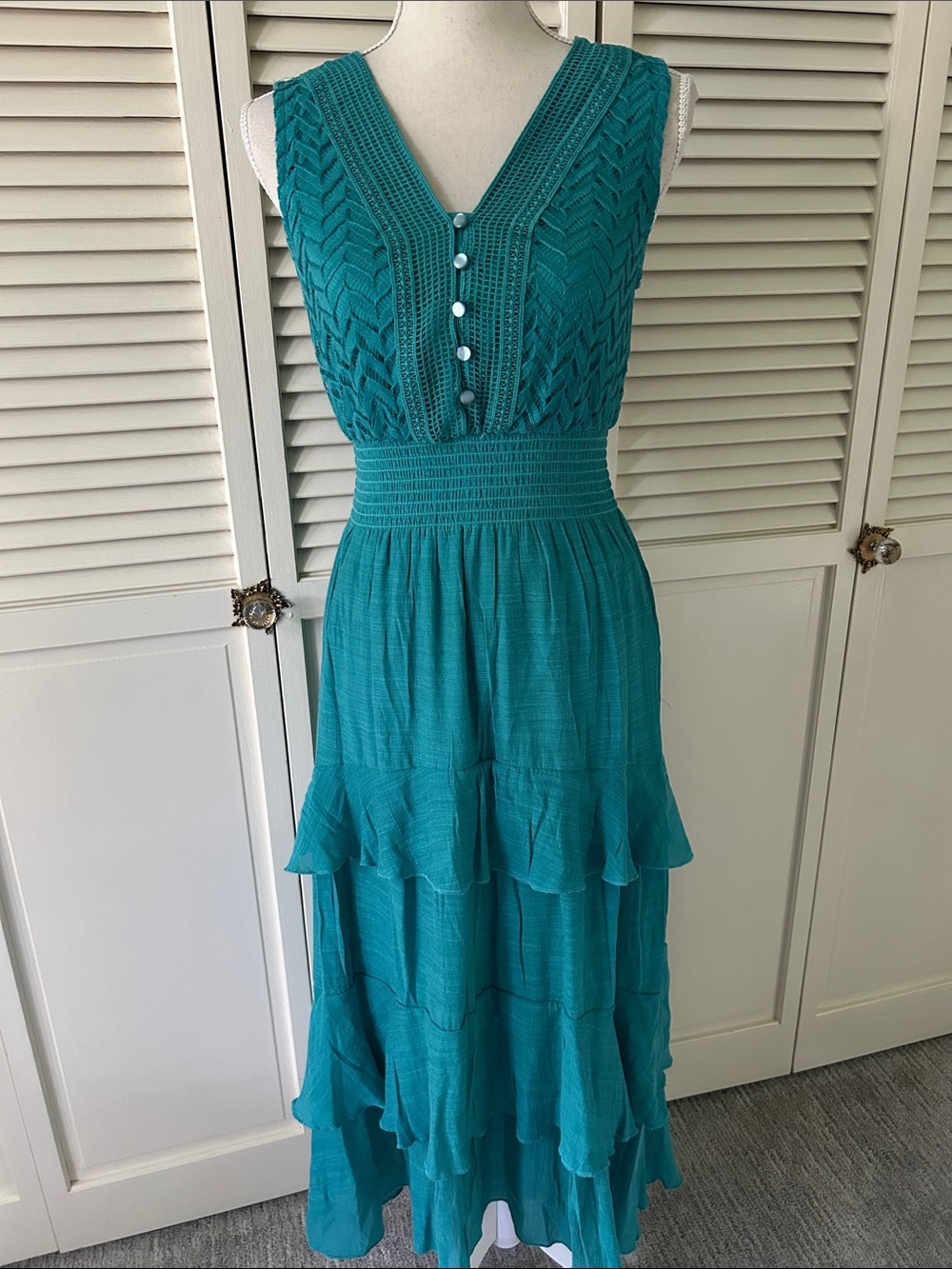 J Gee Teal Crochet Bodice Tiered Maxi Dress
